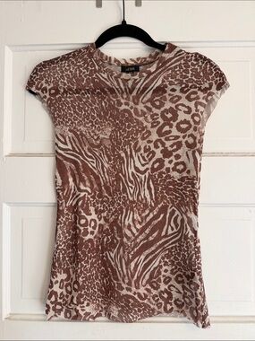 AFRM Brown & Cream Animal-Print Cap Sleeve Tee
